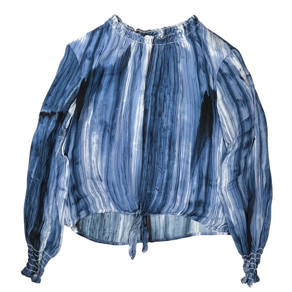 Bella Dahl Blouse Women Large Blue Rayon Abstract Stripe Tie-Front Long Sleeve